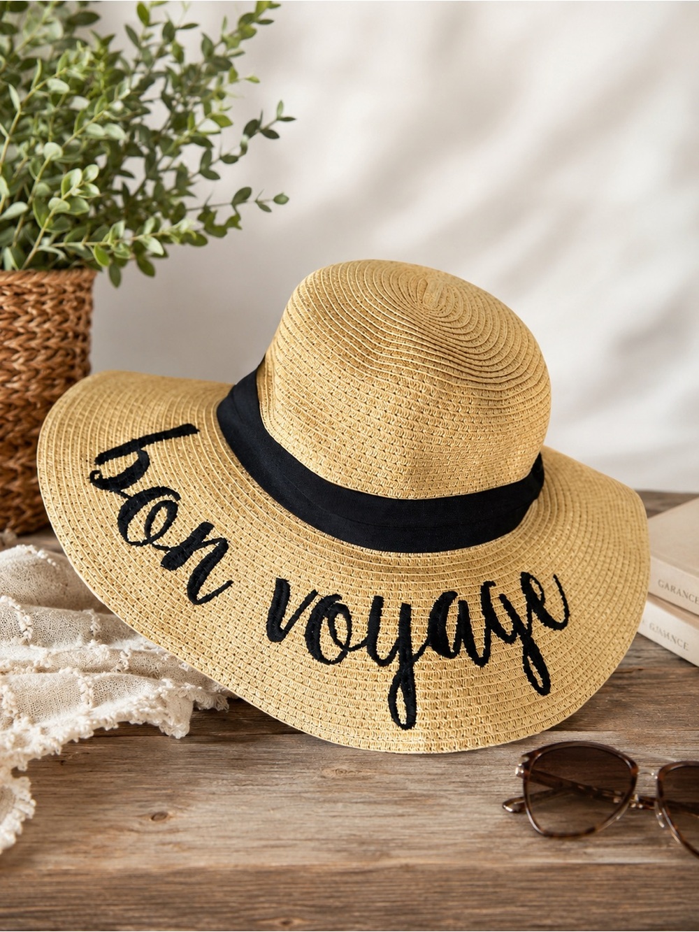 Cc Exclusives Straw Sun Hat with "Bon Voyage" Embroidery